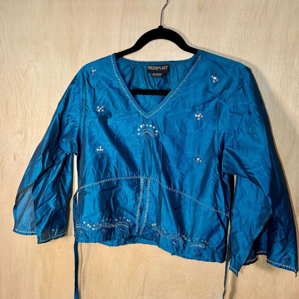 Vintage 90s PASSPORT Embroidered Top Blue Boho Metallic Rayon India Large